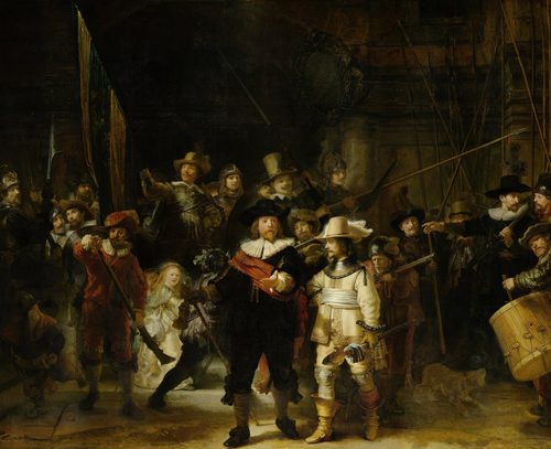 Dutch:  Officieren en andere schutters van wijk II in Amsterdam, onder leiding van kapitein Frans Banninck Cocq en luitenant Willem van Ruytenburch, bekend als ‘De Nachtwacht’ The Night Watch — Group Portrait
