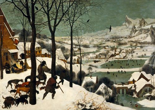 Polish:  Myśliwi na śniegu monthly cycle, scene: The Hunters in the Snow (winter) — Landscape